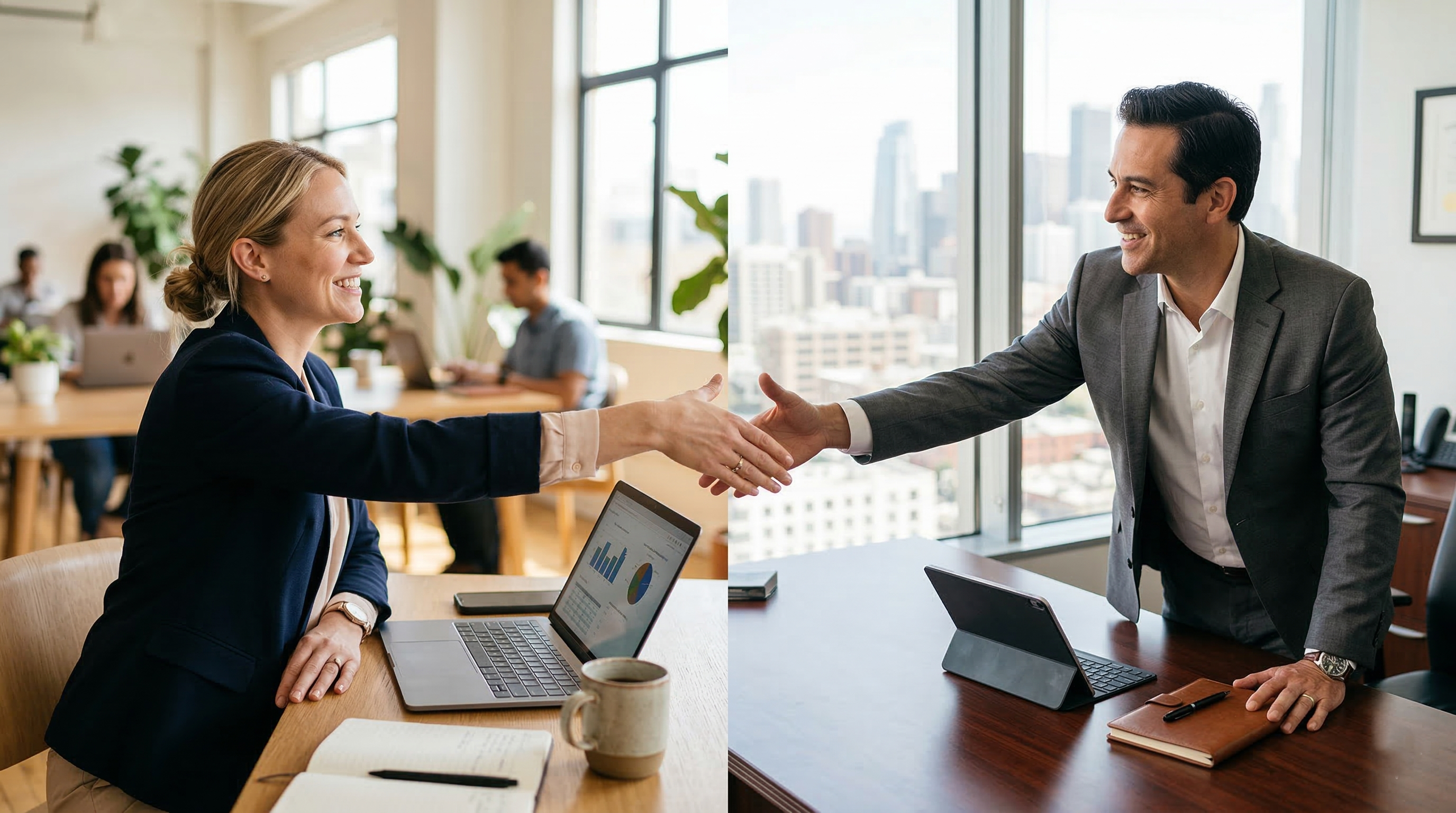 Two professionals completing a secure digital transaction from separate locations